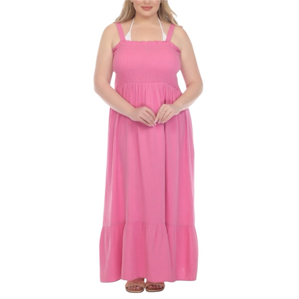 Raviya Plus Size Smocked Cotton Sleeveless Cover up Maxi Dress - Pink Fizz